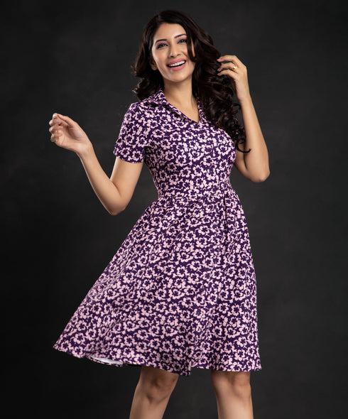 Purple Floral Lapel Open Dress